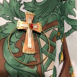 Vintage Cross Brooch Copper/Silver Layers  2.5” Ruby Red Bead Adornment